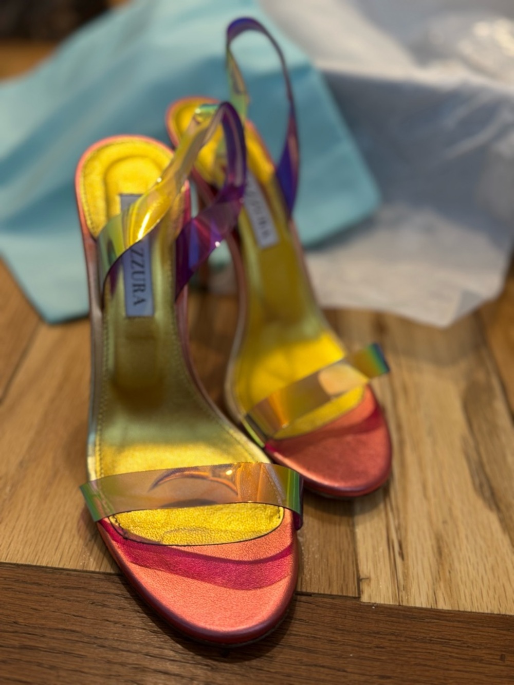 Aquazzura Iridescent Multi-Color Slingback Heels in Yellow, Pink & Orange